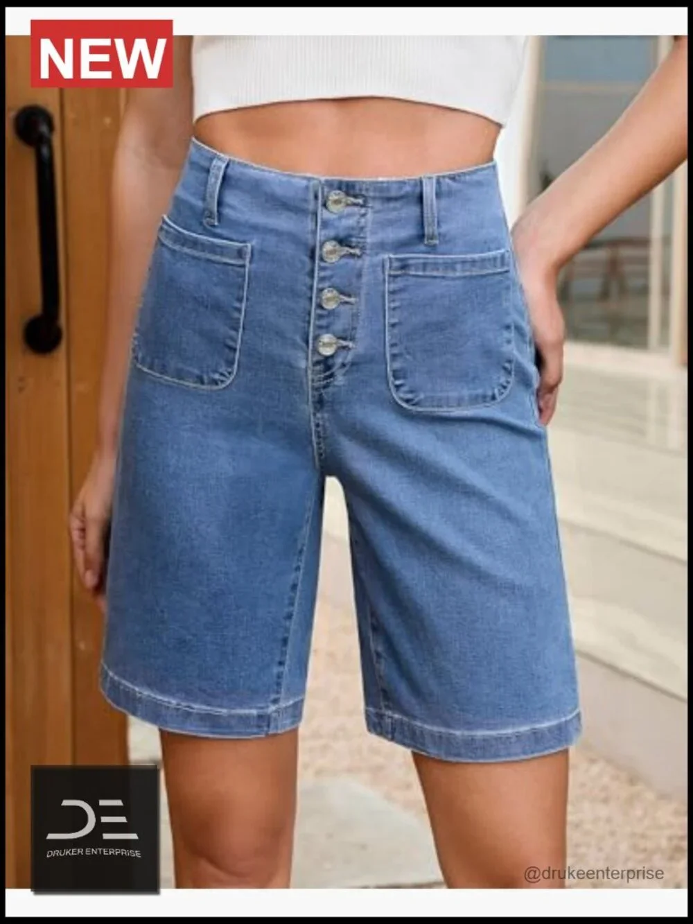High Waisted Button Fly Bermuda Shorts with Pockets - Women's Stretch Denim